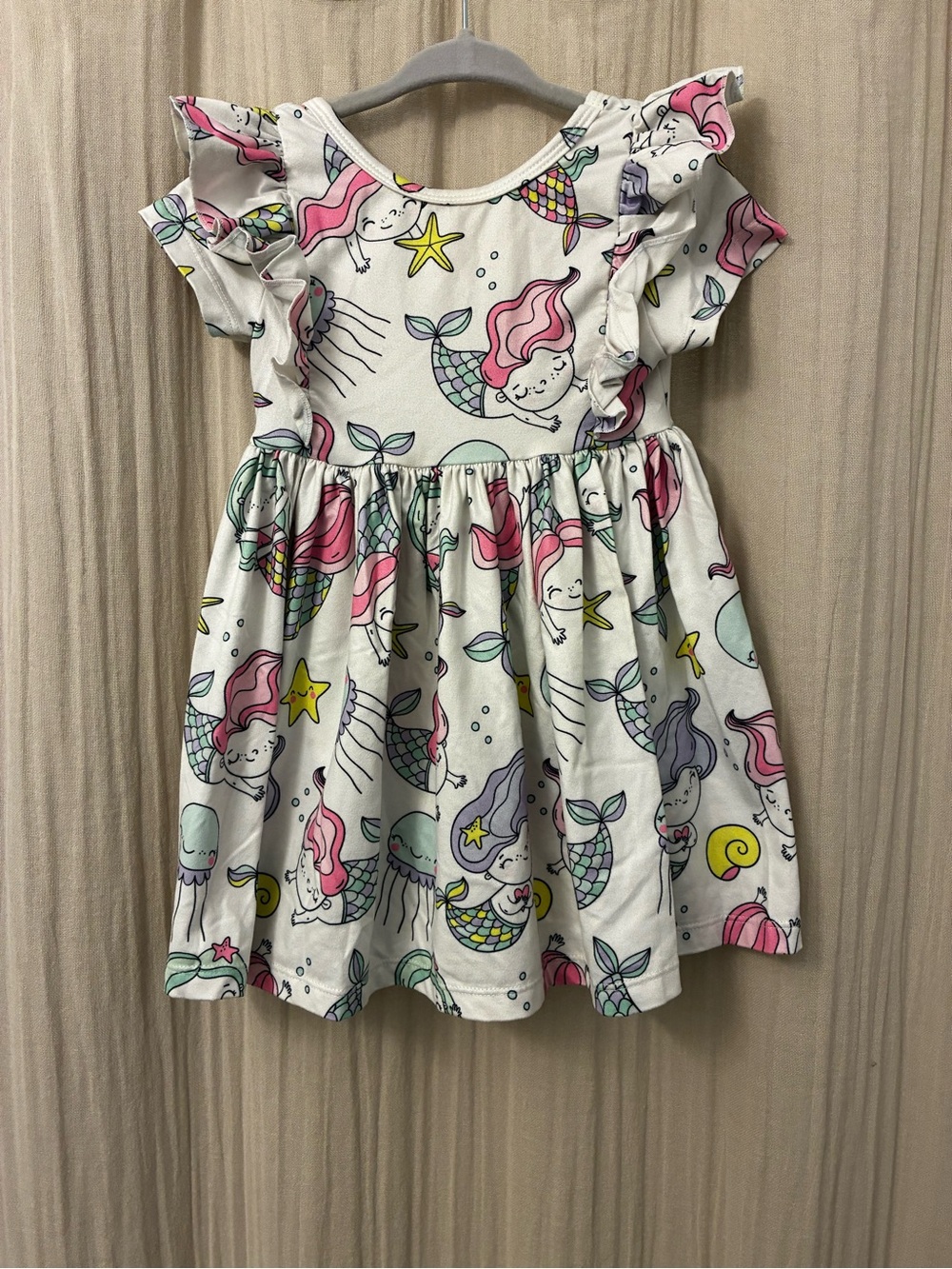 Girls White Mermaid Print Ruffle Sleeve Dress local bamboo brand 2t no bodysuit